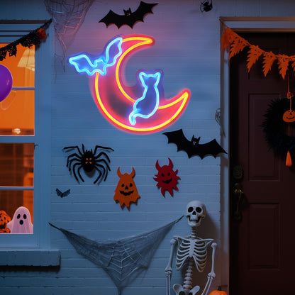 Halloween Neon Sign Wall Decor - Moon&Bat&Cat Themed Halloween LED Lights for Decorating Rooms, Windows, Doors,Party,Bright Beautiful Indoor Home Hanging Art USB Powered