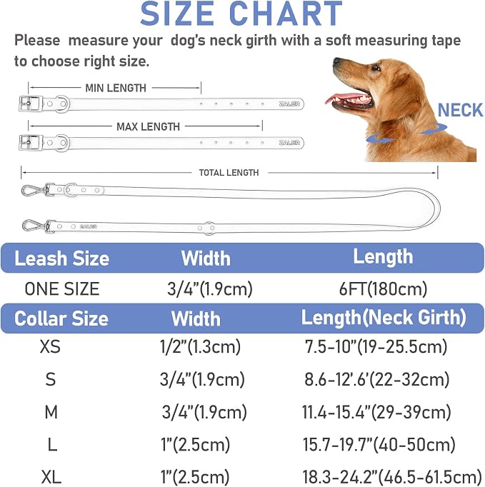 ZALER Dog Collar and Leash Set, Waterproof Adjustable Odor Proof Pet Collars Leashes Easy to Clean, 6FT Dog Leash with 2 Hooks for Large, Medium Small Dogs (L, Blue)