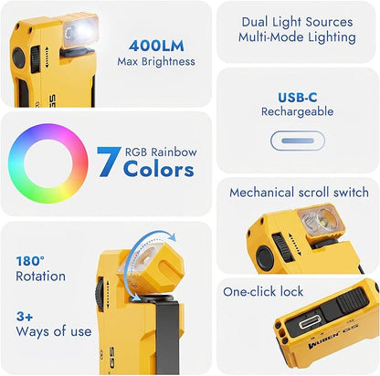 WUBEN G5 EDC Rechargeable Flashlight, 400 Lumens RGB Dual Light Source Mini Magnetic Keychain Flashlight, Portable Pocket Light for Camping Hiking Home Emergencies (Yellow) | 400 Lumens Dual Light Source LED Flashlight with RGB, Magnetic Flat Compact K...