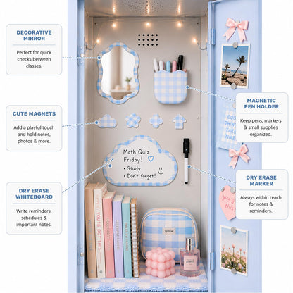 Svartur Magnetic Locker Accessories Set - Locker Mirror, Dry Erase Whiteboard, Magnetic Pen Holder & Cute Magnets, Aesthetic School Locker Decor for Girls, Locker Organizer Kit, Blue