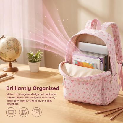 BTOOP School Backpack for Girls Teens Large Corduroy Bookbag Lightweight Casual High School College Backpacks 17 inch Laptop Travel Bag (Pink Bow Floral-1)