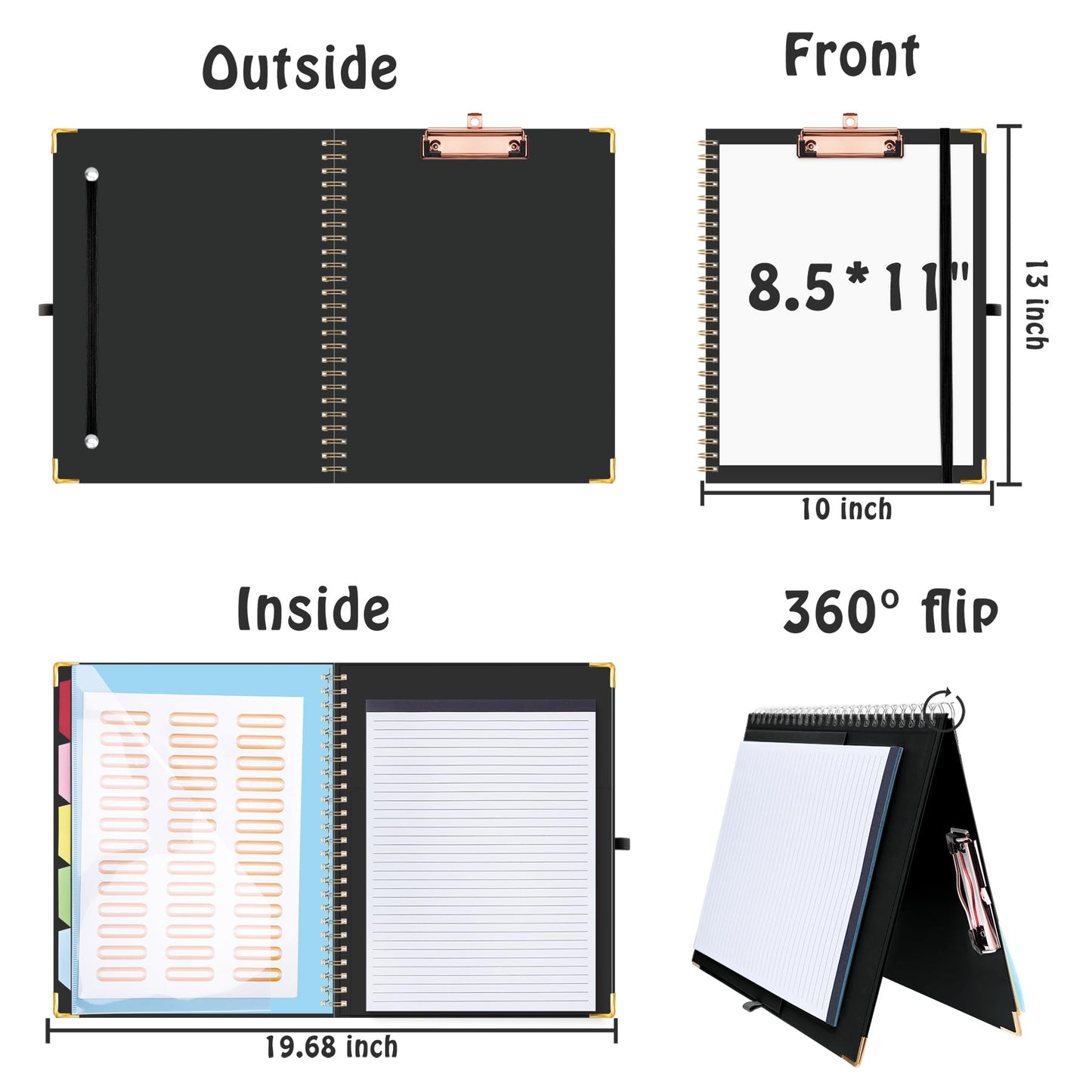 HAUTOCO Clipboard Folio with Refillable Lined Notepad for Letter Size (11" x 8.5"), 5 Dividers with 10 Pockets, Elastic Pen Holder and File Folder Labels, Spiral Nurse Clipboard Artboard(Black)
