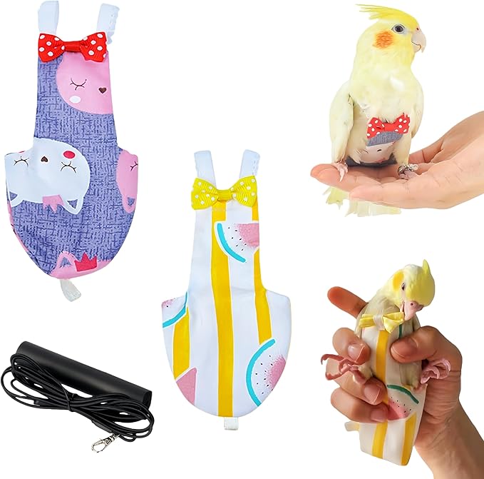 2Pcs Bird Diapers Bird Harness Flight Suits Diapers with 80 Inch Flying Leash Parrot Nappy Washable Cute Urine Wet Suit for Cockatiel Conure Macaw Budgies Parakeet-Kitten&Watermelon,S