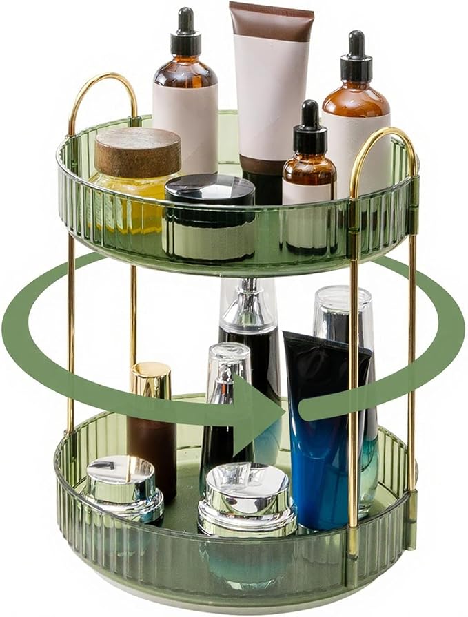 INVSSENE 360° Rotating Makeup Organizer, Bathroom Make Up Spinning Holder Rack, Large Capacity Cosmetics Storage Vanity Shelf Countertop, Fits Cosmetics, Perfume, Skincare, Lipsticks(2 Tiers, Green)
