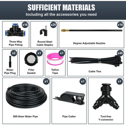 50ft Drip Irrigation System, Automatic Garden Watering System with 16 Adjustable Sprinkler Nozzles, Irrigation Hose Kit for Yard, Lawn, Plants, Atomizing System