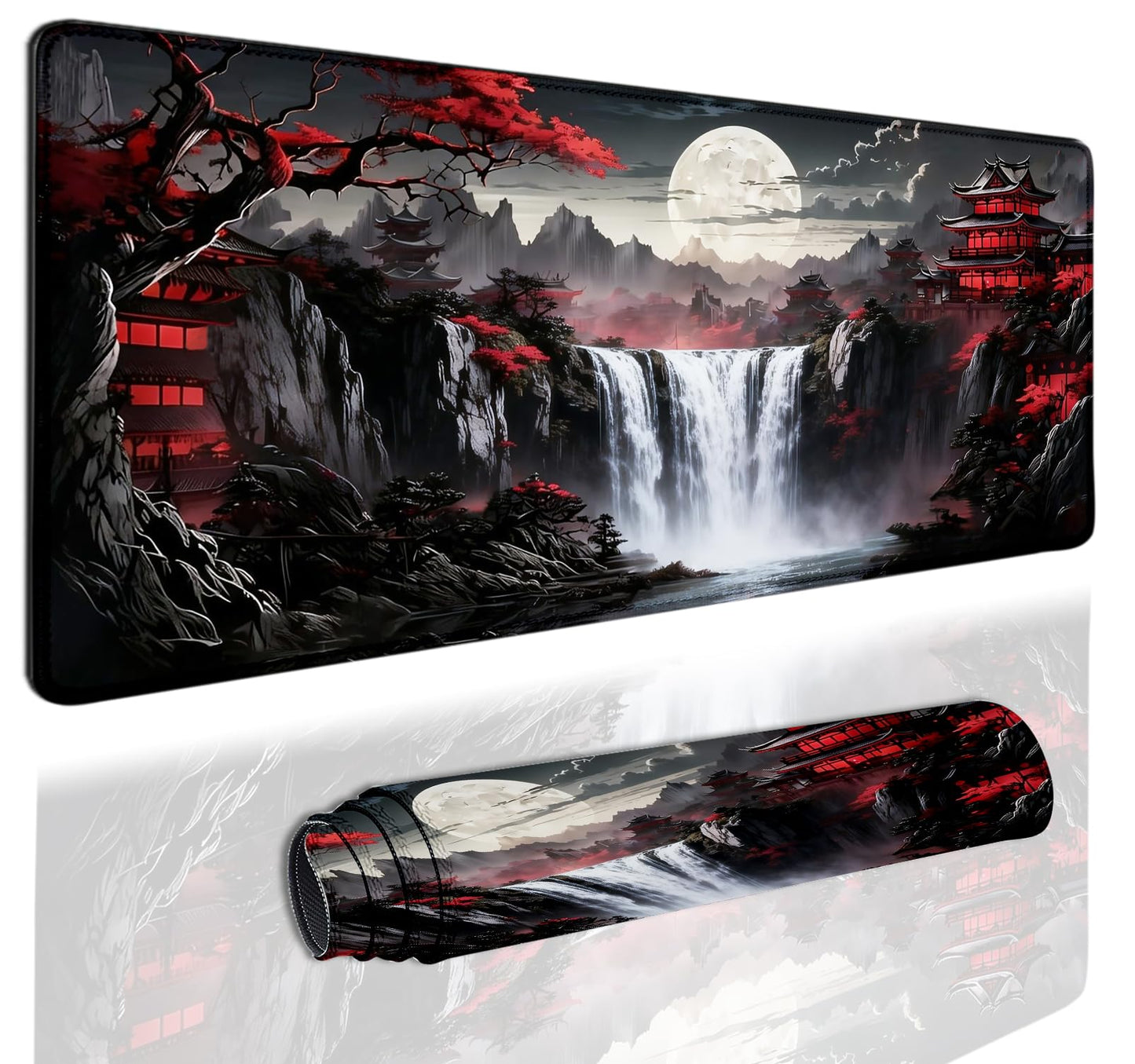Extended Gaming Mouse Pad 31.5 x11.8 inch, Large Non-Slip Rubber Desk Mat for Gamers, Waterproof Smooth Surface for Precise Mouse Control, Washable Computer Keyboard Pad (Japanese Moon Landscape)