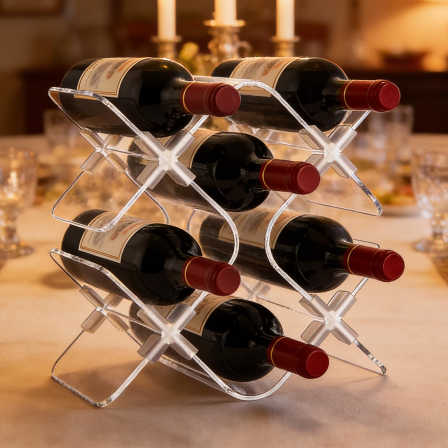 EVERBBKING Acrylic 6 Bottle Countertop Wine Rack, Clear Freestanding Tabletop Wine Holder, Modern Space-Saving Wine Storage Organizer for Kitchen Bar Pantry