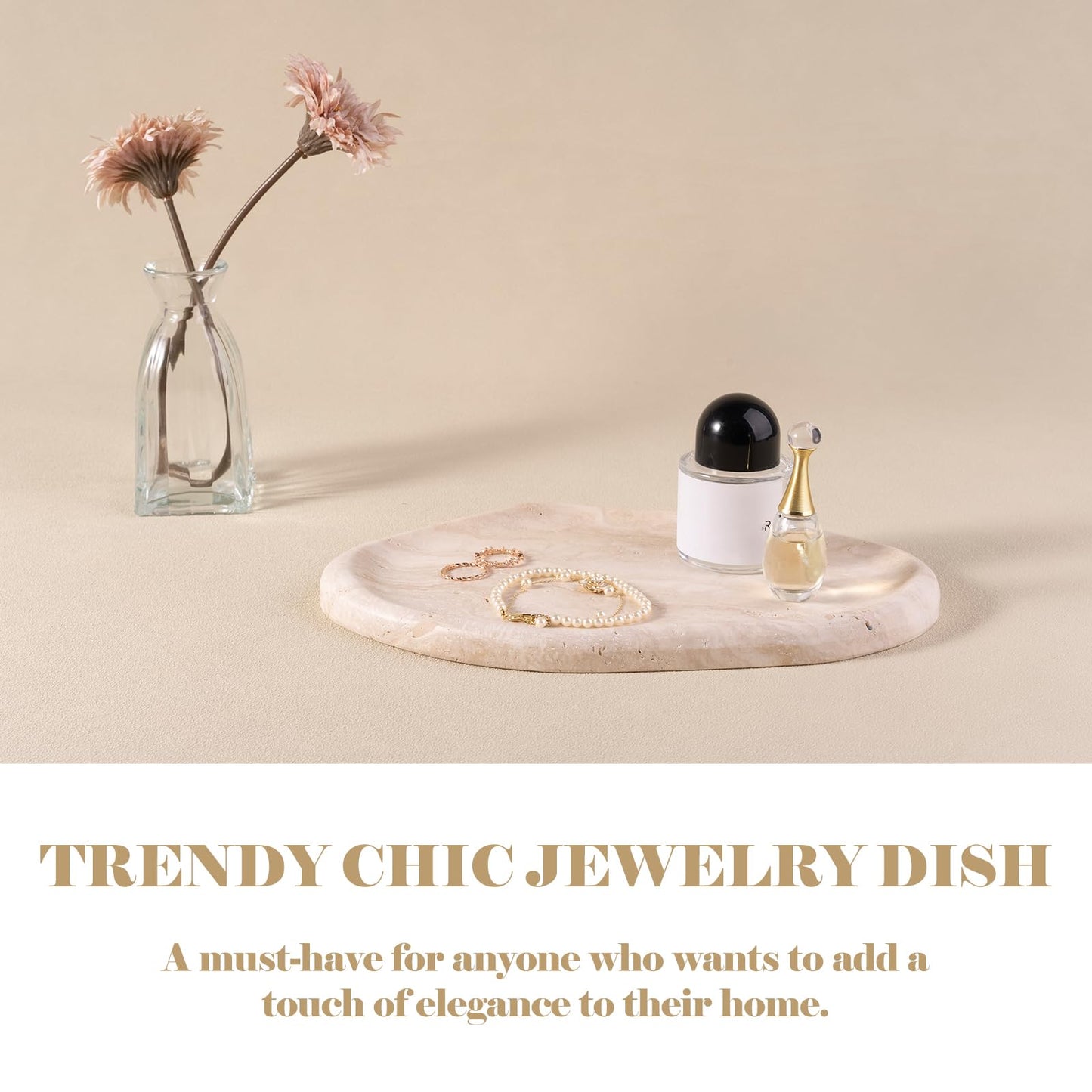 BCS Marble Jewelry Tray Trinket Dish, Decorative Cloud Vanity Key Tray for Women, Perfume Ring Holder Dish for Ring Earring, Cute Jewelry Plate Bowl Aesthetic Room Decor（Beige Travertine）