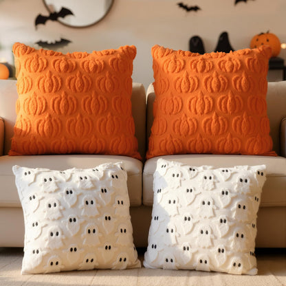 Tegeme 4 Pcs Halloween Pillow Covers 18x18 Inch White Ghost Throw Pumpkin Fall Decorative Fluffy Plush Accent Pillow Cases for Chair Sofa Bedroom Living Room Home Decor