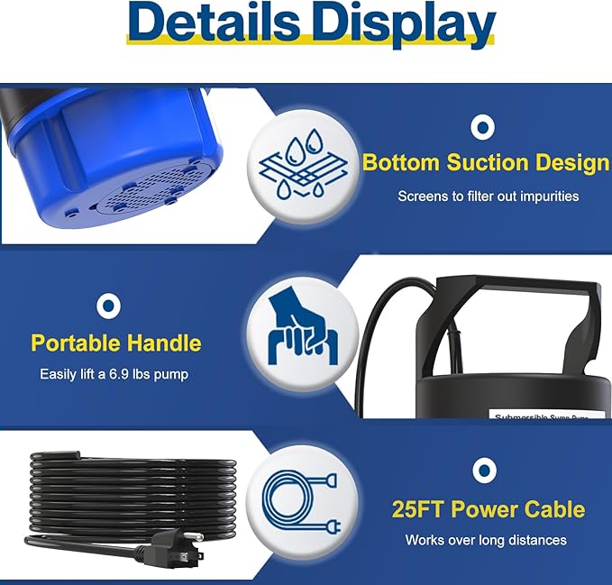 AgiiMan 1/2HP Submersible Water Pump, 2200GPH Portable Sump Pump for Pool Draining, Pool Cover Pump with 25FT Power Cord for Basements, Pool, Fountains, Hot Tub, Garden, SkyBlue