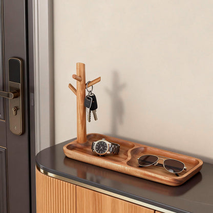 Acacia Wood Key Tray for Entryway Table, Wooden Catchall Organizer with Jewelry Storage Rack, Valet Tray for Keys Wallet Watches Sunglasses Rings(Rectangle)