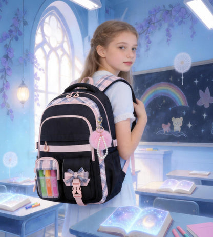 QIXIHU Girls Backpack, 17-Inch Bookbag for Middle & Elementary School, Kawaii Kids Backpack for Girls Ages 6-12(Black Pink)