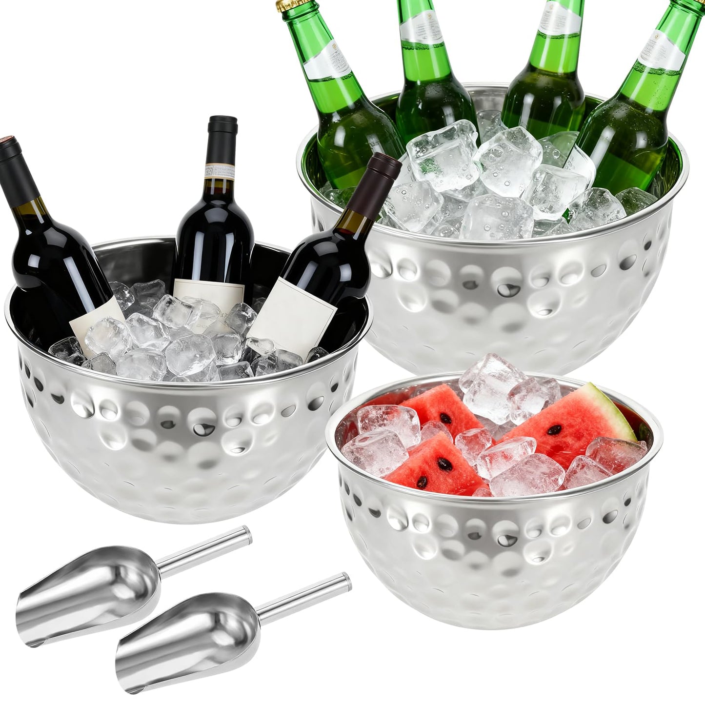 3 Pack Ice Bucket 4.6/6/7.5L Stainless Steel Beverage Tub with 2 Scoop Leak-Proof Wine Bucket Large Metal Ice Buckets for Parties Champagne Bucket for Cocktails Beer Juice, Dishwasher Safe