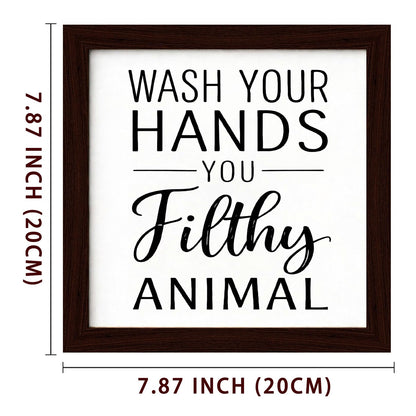 Funny Bathroom Wall Art Poster Wooden Framed Sign Black And White Bathroom Decor Wash Your Hands Sign For Kids Mens Toilet Quotes Signs 8×8 inch