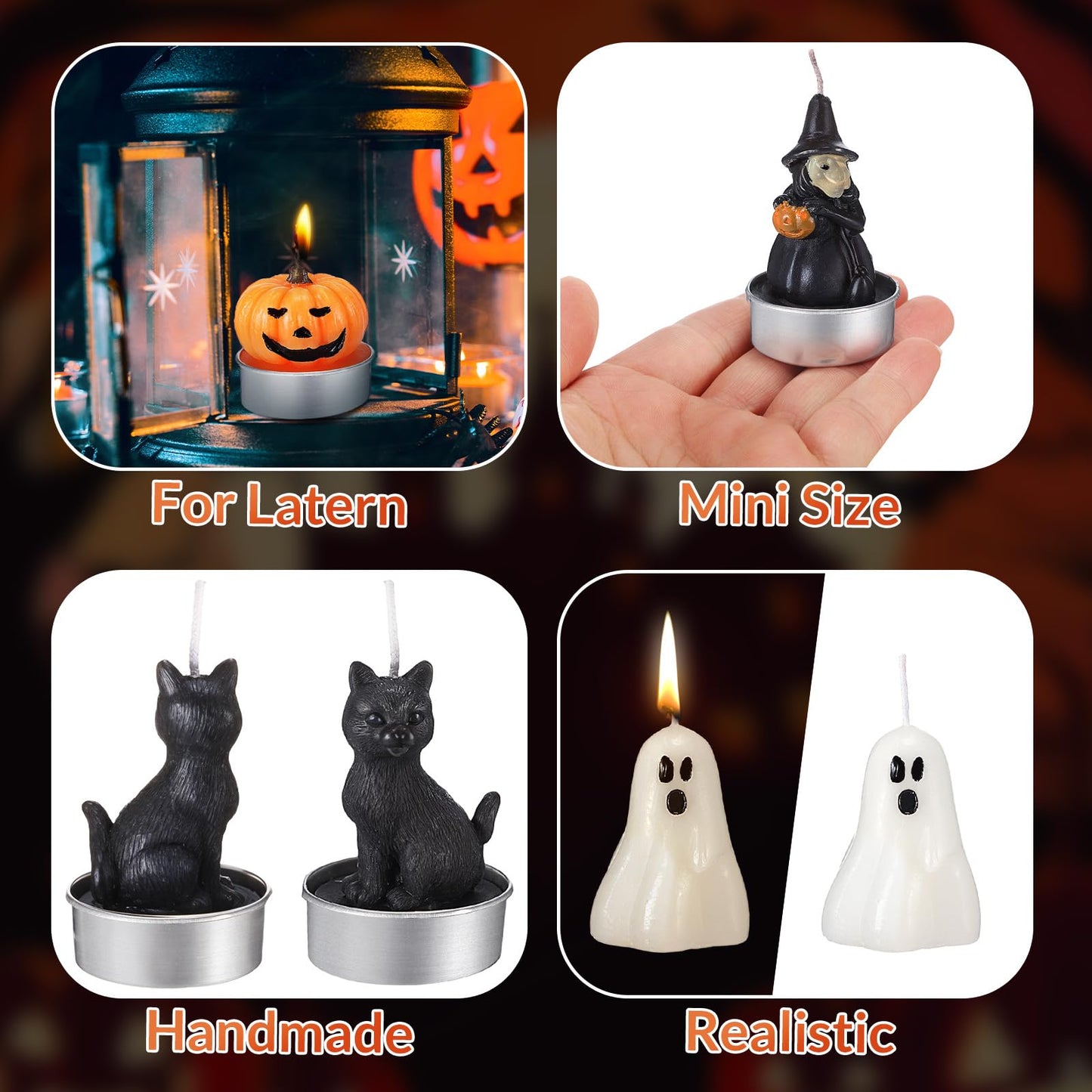 Rossesay 12 PCS Halloween Decoration Ghost Candles Pumpkin Skeleton Cat Witch Cute Mini Candles White Soy Wax Horror Tea Lights Spooky Set for Autumn Halloween Party Home Decorations