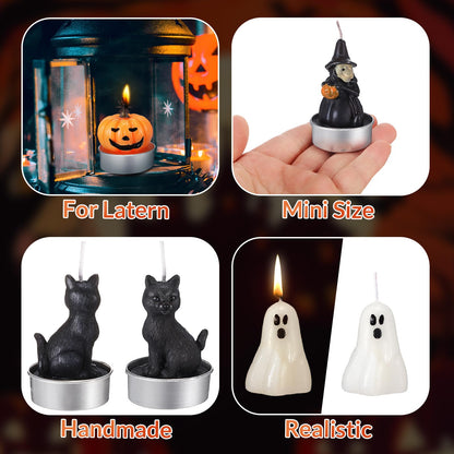 Rossesay 12 PCS Halloween Decoration Ghost Candles Pumpkin Skeleton Cat Witch Cute Mini Candles White Soy Wax Horror Tea Lights Spooky Set for Autumn Halloween Party Home Decorations