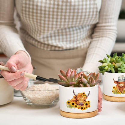 FYSUIMU 6Pcs Highland Cow Decor Gift Planter Rustic Cow Sunflower Ceramic Succulent Pots Animal Plant with Tray Appreciation Gift for Farmhouse Home Office Kitchen Bathroom, No Plants