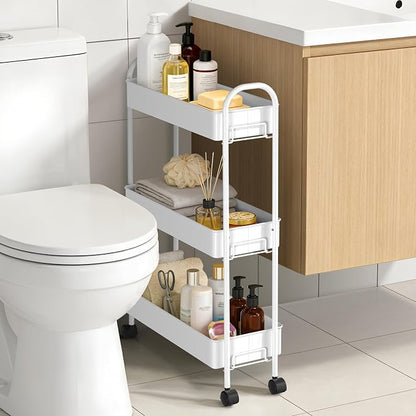 Slim Rolling Cart, Metal Frame Utility Rolling 3-Tier Narrow Storage Cart with Handle Kitchen Storage Organizer, Mobile Shelving Unit for Bathroom Kitchen