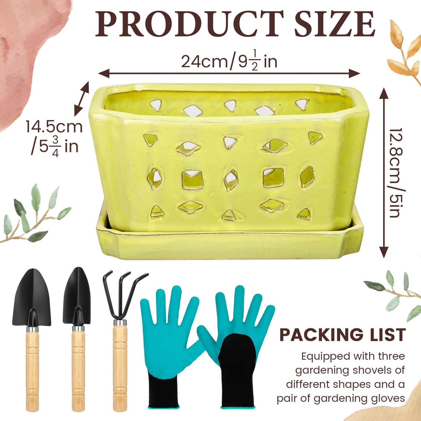 Teenyyou 1 Set Orchid Pot with Holes 9.5 Inch Ceramic Orchid Pot with Saucers for Repotting Amaryllis Flower Planter Include Gardening Shovel Set and Gloves for Home Decor(Yellow)