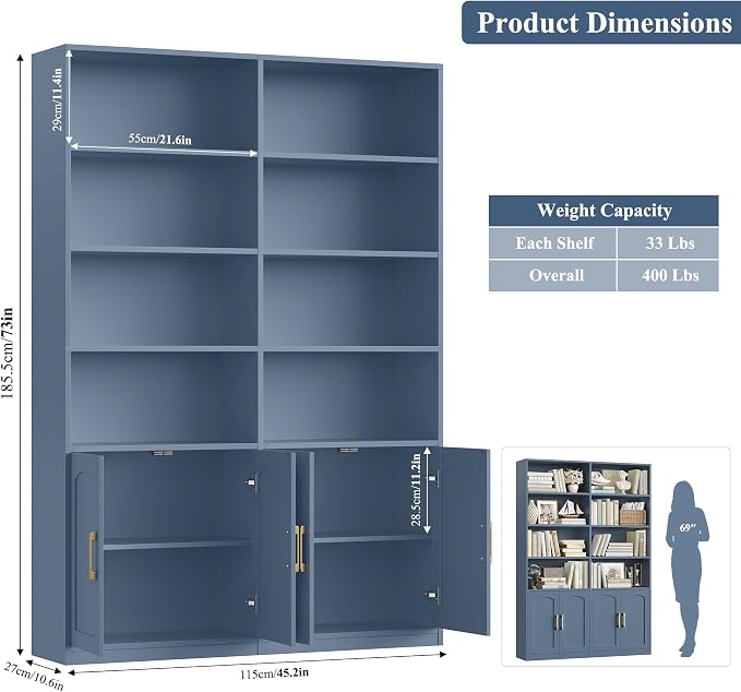 FACBOTALL Bookshelf and Bookcase with Doors, 6 Tier Double Wide Large Bookshelves, Open Display Shelves, 73'' Tall Bookshelf with Storage Cabinets for Home Office, Living Room, Library, Blue