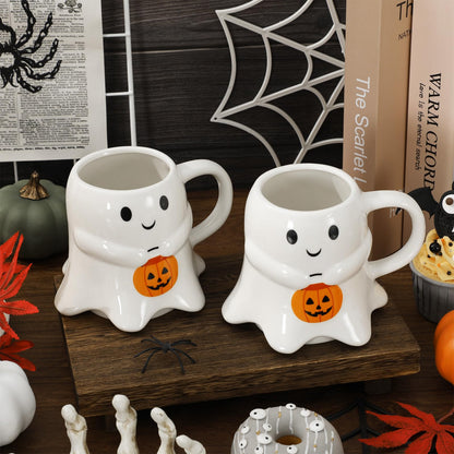 JarThenaAMCS 2Pcs 15oz Halloween Ghost Shape Mug White Ghost Pumpkin Coffee Mug Cute Boo Ceramic Drinking Cup for Halloween Party Supplies Table Centerpieces