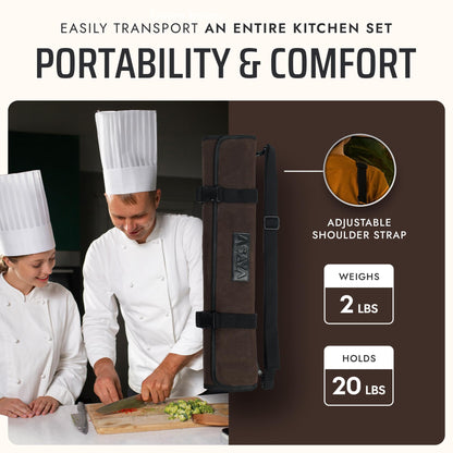 Asaya Waxed Canvas Chef Knife Roll Bag with 10 Slots and a Zipper Pocket - Professional Chef Knife Bag & Storage Case, with Shoulder Strap - Knives Not Included (Brown)
