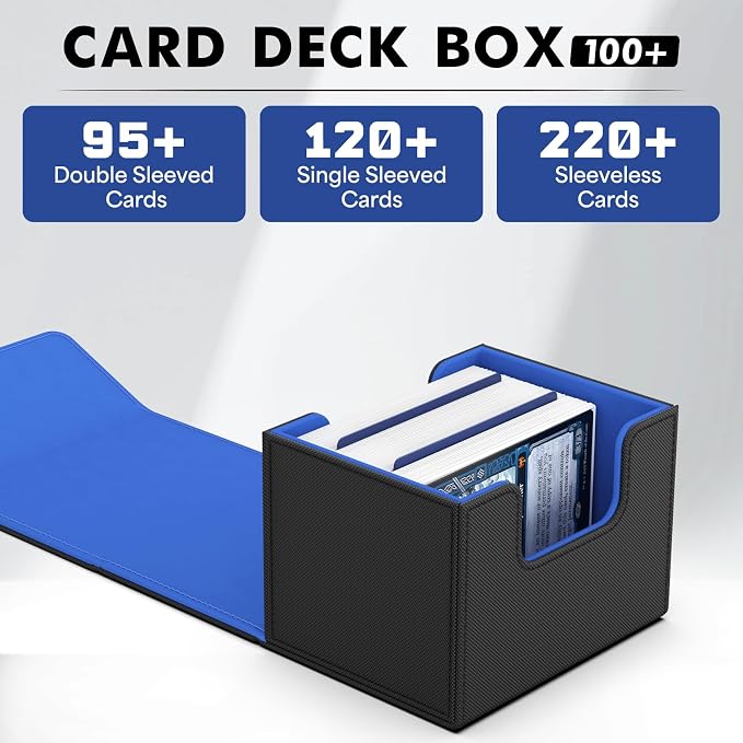 ZLCA Card Deck Box for MTG, Commander Deck Case Holds 120+ Single Sleeved Cards, Leather Magnetic Storage Box Fits for CCG TCG Sport Card (Black& Blue)