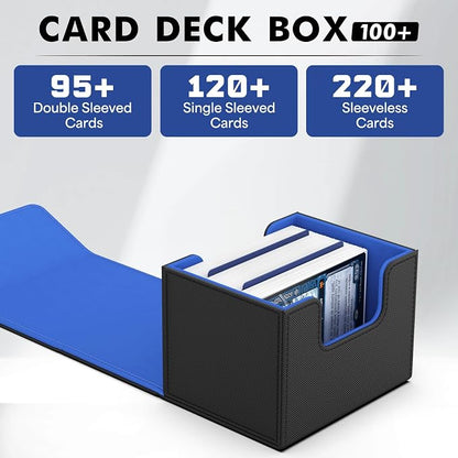 ZLCA Card Deck Box for MTG, Commander Deck Case Holds 120+ Single Sleeved Cards, Leather Magnetic Storage Box Fits for CCG TCG Sport Card (Black& Blue)