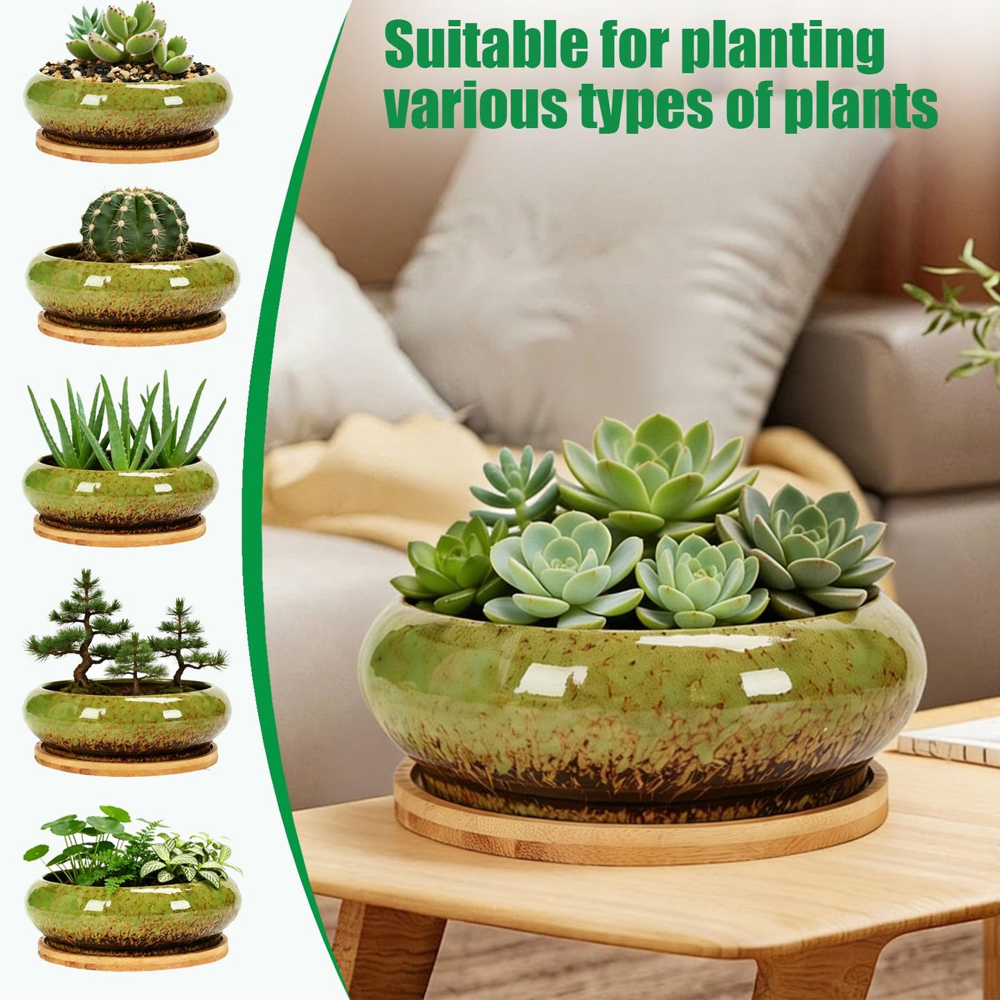 Drzewo 7-Inch Succulent Pots, Succulent Pots with Drainage, Drip Glazed Ceramic Planter with Small Garden Tools, Indoor Succulent Planters for Cactus, Potted Plant,Aloe Vera,Pot for Succulents