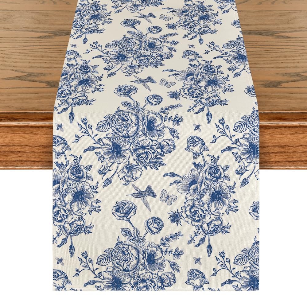 Artoid Mode Spring Navy Blue Floral Chinoiserie Table Runner, Seasonal Summer Kitchen Dining Table Decoration for Home Party Decor 13x90 Inch
