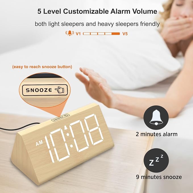DreamSky Wooden Digital Alarm Clock for Bedrooms with Large Numbers | Electric Desk Clock, USB Port, Loud Alarm for Heavy Sleepers, Adjustable Volume, Dimmer, DST, Wood Décor Gifts, Plug in Clock