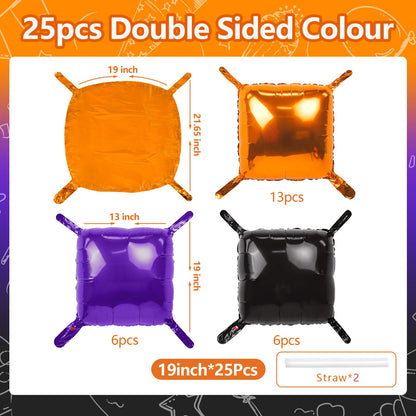 NISOCY 25PCS Orange Purple Black Square Foil Balloons Wall Backdrop Metallic Double Sided Orange Purple Black Balloons Tunnel Arch Kit for Halloween Birthday Graduation New Year Party Decorations