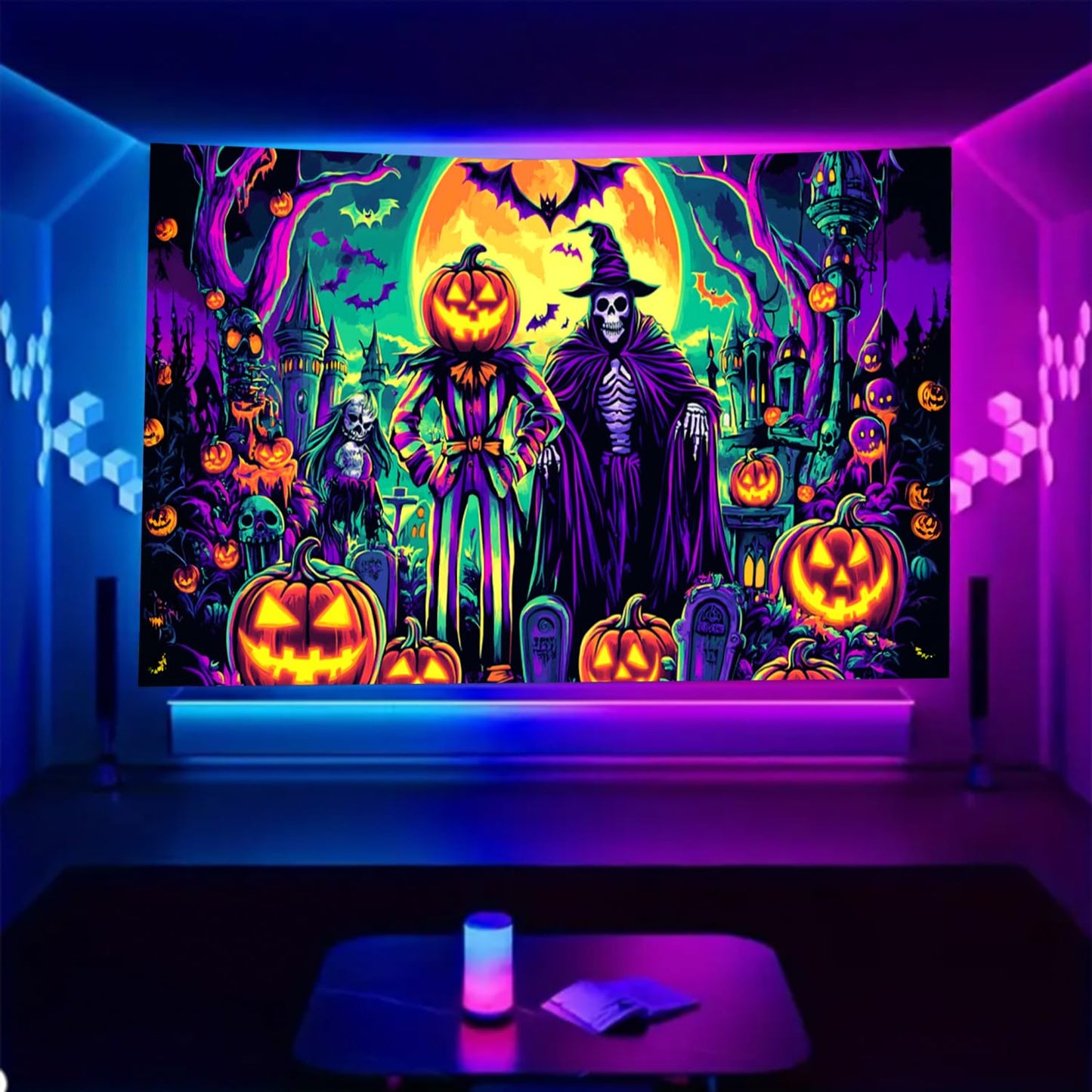 BSFHH Black Light Tapestry – UV Reactive Glow in the Dark Wall Hanging, Spooky Night Scene with Ghosts & Pumpkins, Haunting Home Decor for Parties, Bedroom, or Dorm (Witches & Bats, 90L" x 70W", Unframed)