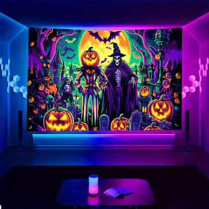 BSFHH Black Light Tapestry – UV Reactive Glow in the Dark Wall Hanging, Spooky Night Scene with Ghosts & Pumpkins, Haunting Home Decor for Parties, Bedroom, or Dorm (Witches & Bats, 90L" x 70W", Unframed)