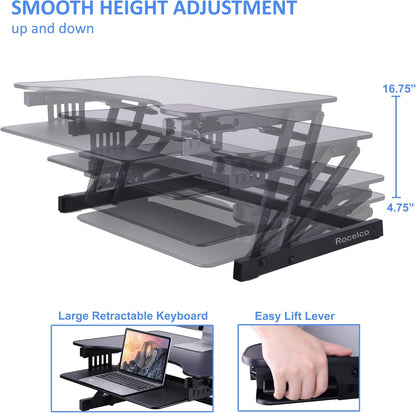 Rocelco 32" Height Adjustable Standing Desk Converter - Slide Out Retractable Keyboard Tray - Sit Stand Up Double Monitor Riser - Dual Piston Lift Assist Tabletop Computer Workstation - Black (R ADRB)