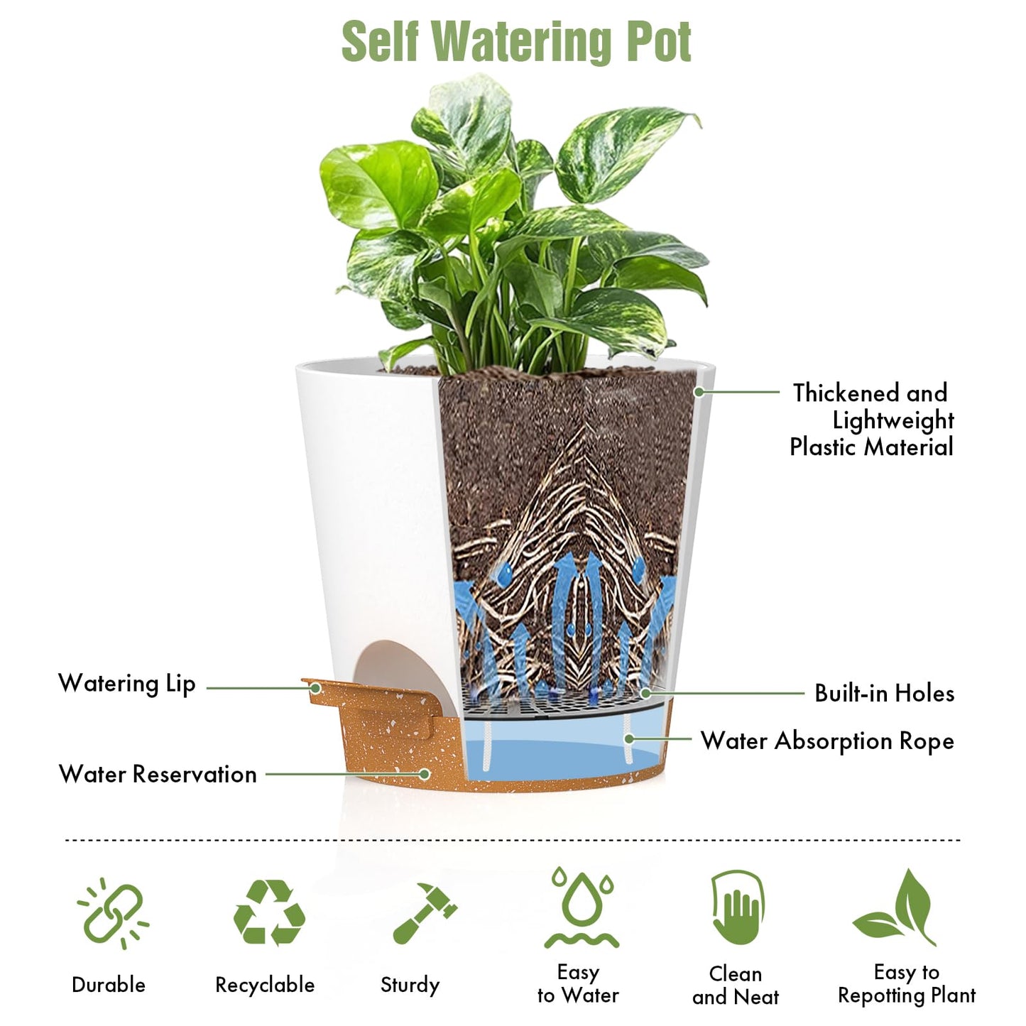 WSMKSZ 4 inch Self Watering Pots for Indoor Outdoor Plants, 6 Pack Plastic Flower Planters with Drainage Holes and Removable Saucers, Plant Pots with Wicking Rope, Modern Decor, White Brown