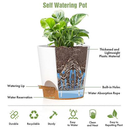 WSMKSZ 4 inch Self Watering Pots for Indoor Outdoor Plants, 6 Pack Plastic Flower Planters with Drainage Holes and Removable Saucers, Plant Pots with Wicking Rope, Modern Decor, White Brown