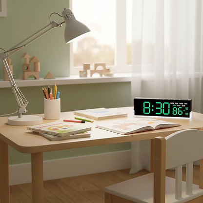 JENLYSTIME 7 Inch LED Digital Alarm Clock with Dual Alarms & Bottom Glow｜Displays Time, Date, Day, Temperature ｜3-Level Auto/Manual Brightness, DST, USB or Battery Powered Modern Desk Clock (Green)