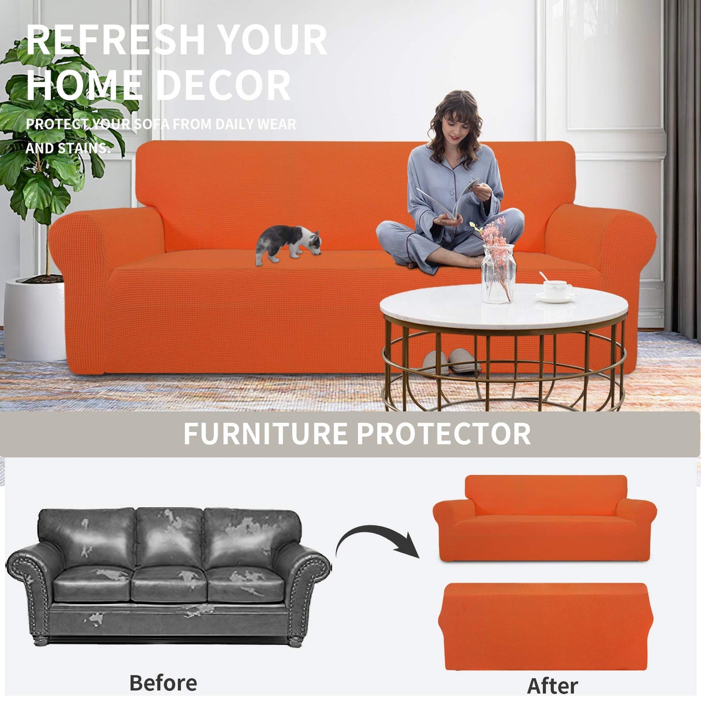 Easy-Going Stretch Chair Sofa Slipcover 1-Piece Couch Sofa Cover Furniture Protector Soft with Elastic Bottom for Kids, Pet. Spandex Jacquard Fabric Small Checks (Chair, Orange)