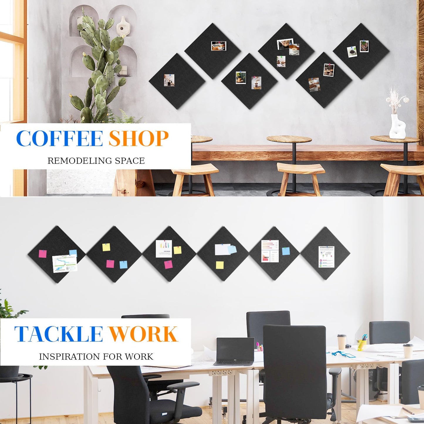 DOLLAR BOSS Felt Cork Board Tiles, 6 Packs 12" x 12" 1/2" Thick Cork Bulletin Board Self Adhesive Acoustic Panels Soundproof Corkboards for Walls with 60 Pushpins for Home Office Kitchen School, Black