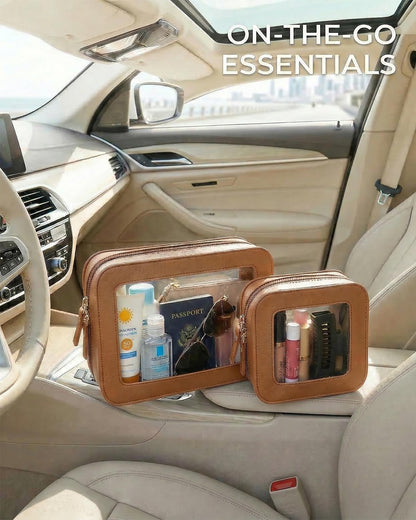 LETGO Clear Makeup Bag Organizer Set, Travel Toiletry Bag Cosmetic Case for Women, Portable Make up Skincare Pouch Car Organizer Bag with Zippers for Essentials (2Pack-Standard & Square, Brown)