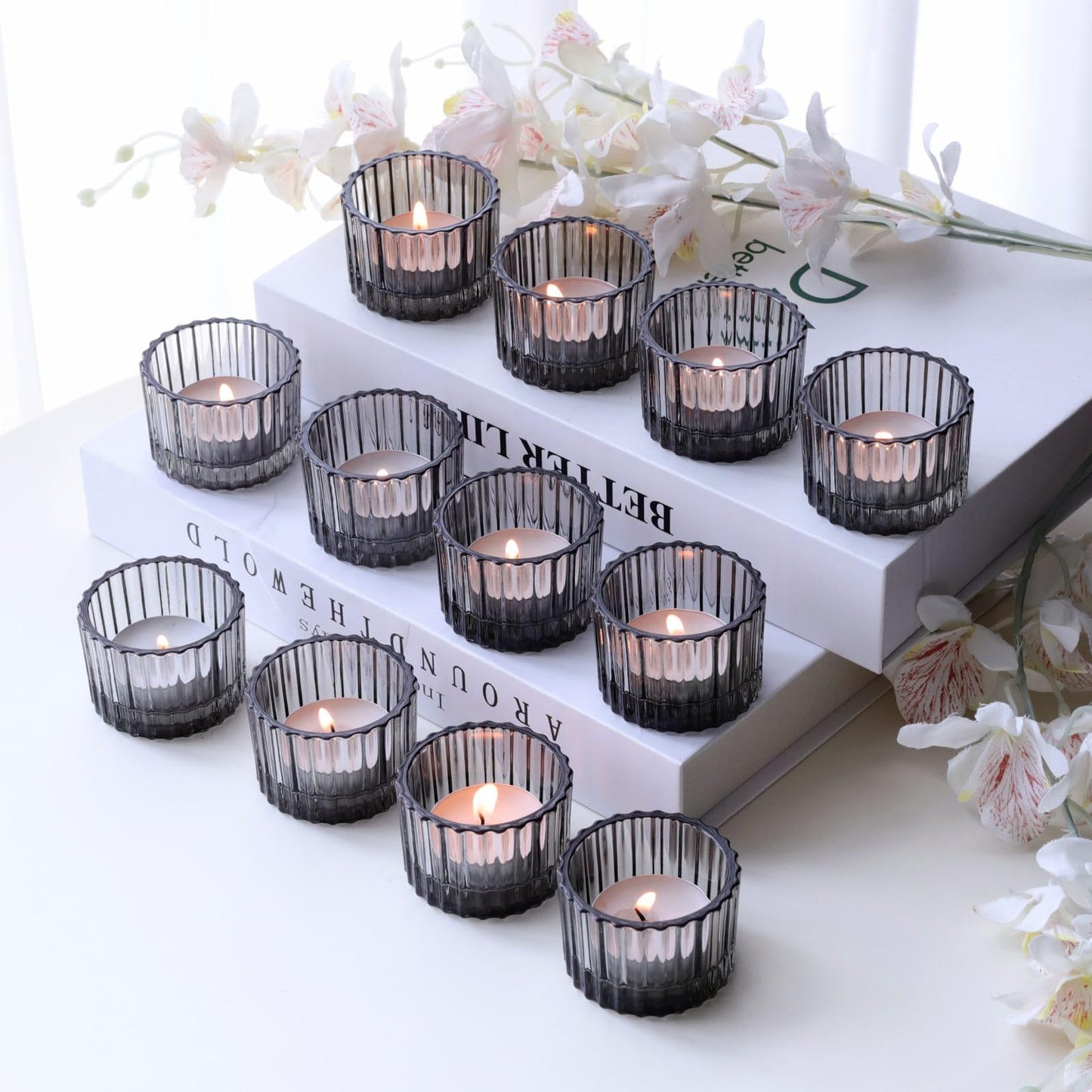 VOHO Classic Grey Tealight Candle Holder for Modern Home Decor, Set of 12 Tea Light Candle Holder Glass Ribbed Gifts for Thanksgiving Holiday, Small Votive Candle Holders for Birthday Themed Party