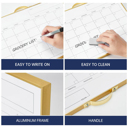 TSJ OFFICE White Board Calendar - 12 X 16 Inches Magnetic Dry Erase Board Monthly Calendar, Double Sided Whiteboard with a Handle, to Do List Notepad for Office, Home, School, Gold Aluminum Frame