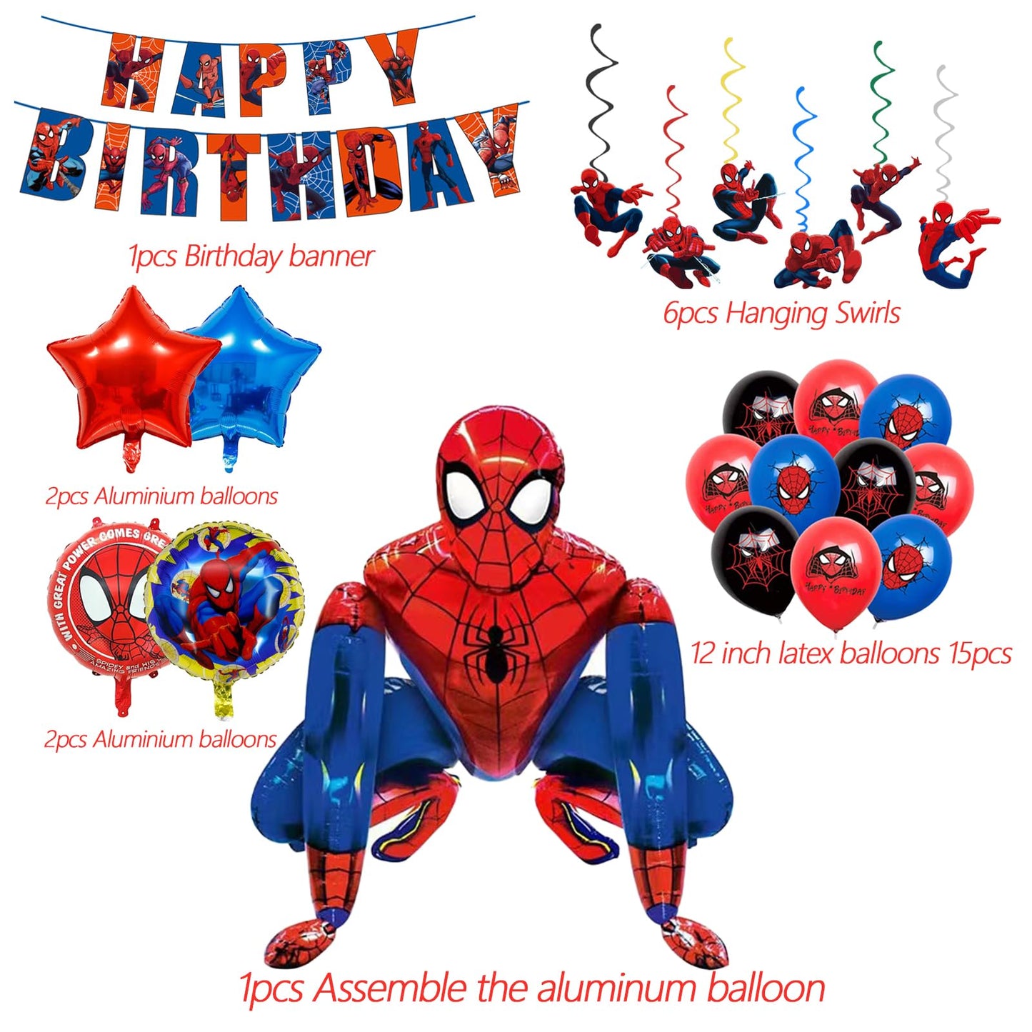 Cartoon spidey - themed birthday party supplies: "Happy Birthday" banner, 12inch latex balloons , 2 types of aluminium balloons hanging swirls,assemble the aluminum balloon