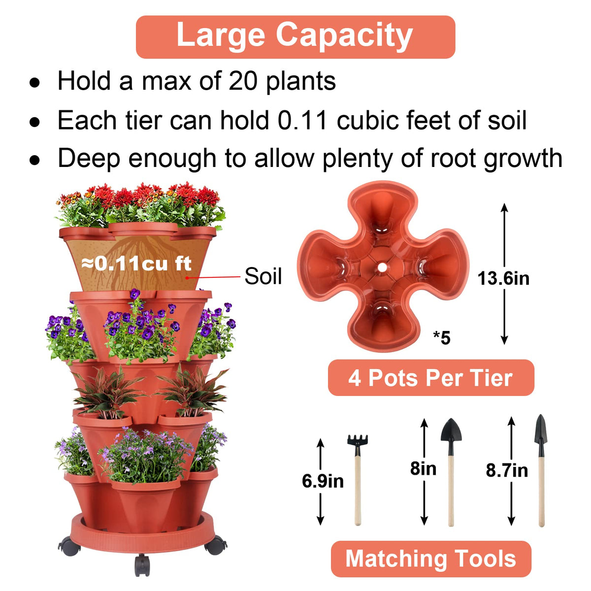 GameXcel Vertical Planter Tower - 5 Tier Stackable Garden Planters with Wheels and Tools Plant Pots for Strawberry Herb Flower and Vegetable Indoor Outdoor Use Red