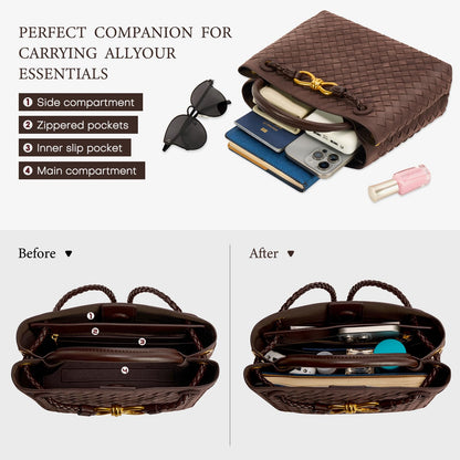 Suede Woven Tote Bag for Women Leather Shoulder Handbag Designer Top Handle Purses(Chocolate Color)
