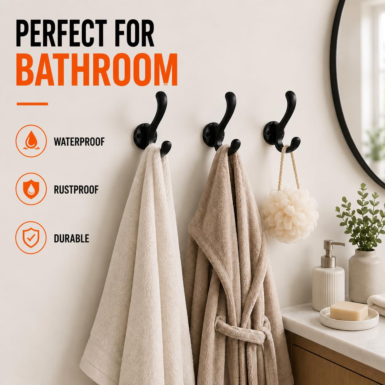 Sprinello 6 Pack Coat Hooks Wall Mount, Heavy Duty Wall Hooks for Hanging Coats, Towel, Hat and Robe, Black Metal Wall Hooks for Bathroom, Entryway, Bedroom
