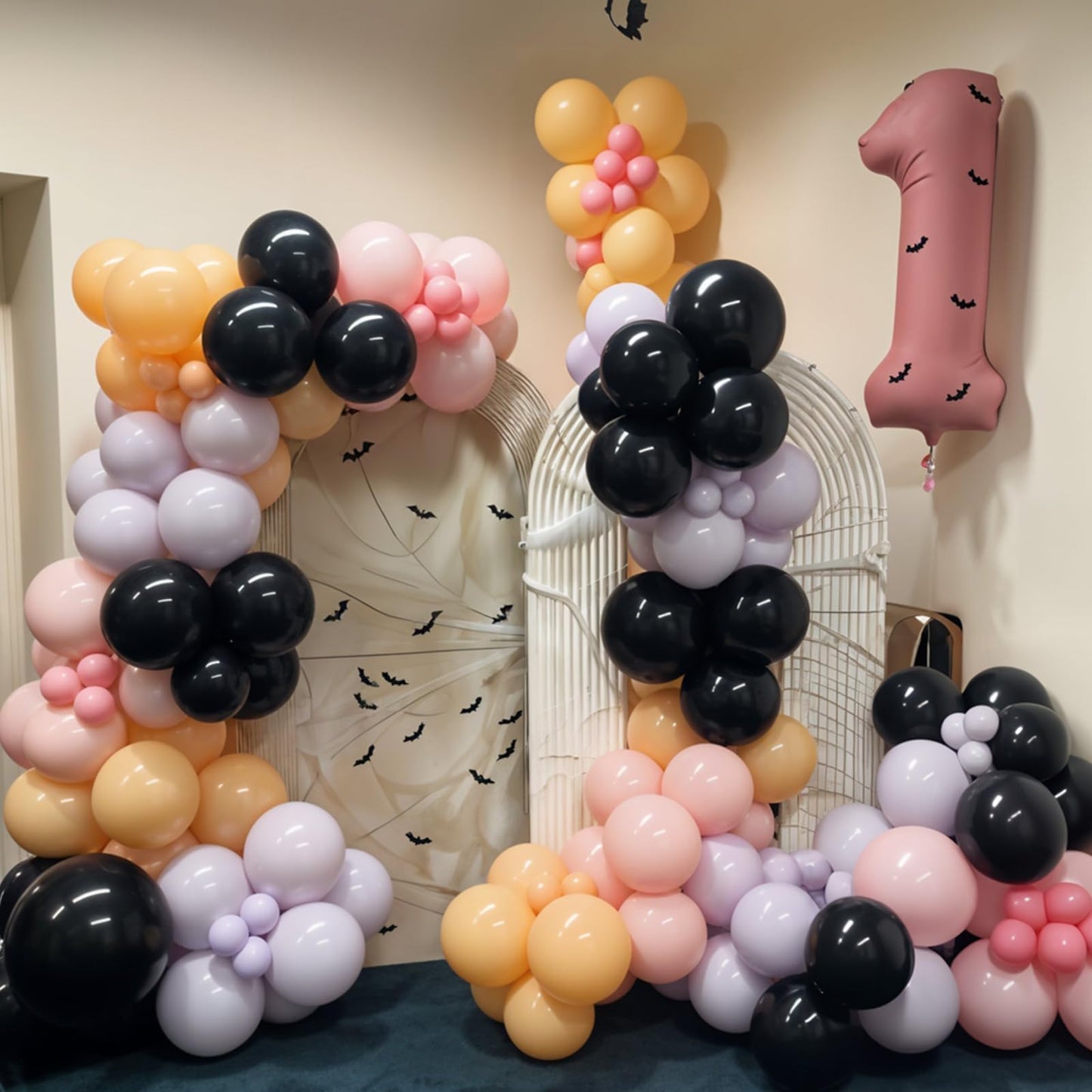 Halloween Balloon Arch Garland Kit, Black Macaron Pink Orange Sand White Balloons, Ghost and Star Foil Balloon, Fake Spider Webs for Kid Girl Halloween Birthday Party Decorations Baby Shower Backdrop