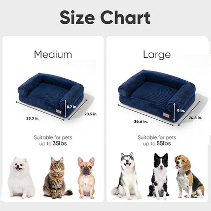FUKUMARU Cute Dog Bed, Thickened Orthopedic Dogs Couch, 36in Egg Crate Foam Pet Sofa for Medium to Large Dogs, Waterproof Warm Corduroy Pet Bed with Washable Cover, Blue