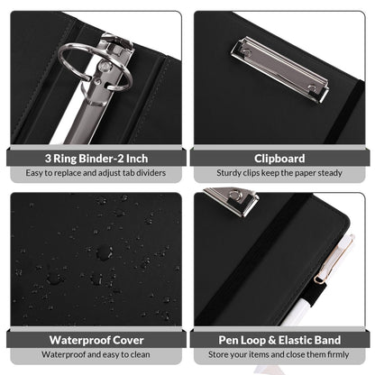 SKYDUE 3 Ring Binder with Clipboard, 2 Inch PU Heavy Duty Binder with Notepad & 5 Dividers with 5 Pockets, Labels, Clipboard Folder Great for School Office(Fit Letter Sized Paper)